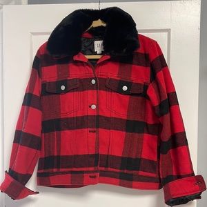 Red plaid Gap jacket with detachable fur collar - size M